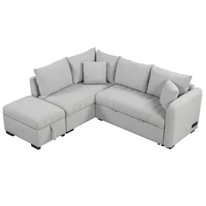 L-Shaped Sectional Pull Out Sofa Bed Sleeper Sofa With Two USB Ports, Two Power Sockets And A Movabl