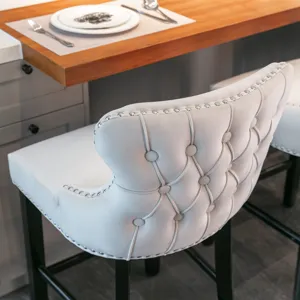 Contemporary Velvet Upholstered Wing-Back Barstools With Button Tufted Decoration And Wooden Legs, A