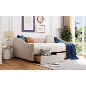Full Size Upholstered Daybed With Two Drawers, Wood Slat Support - Beige