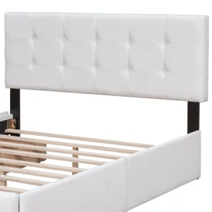 Queen Size Upholstered Platform Bed With Classic Headboard And 4 Drawers, No Box Spring Needed - Whi