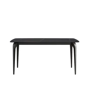 63\" Artificial Stone Black Curved Black Metal Leg Dining Table, 6 People - Black