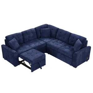 L-Shape Sofa Bed Pull-Out Sleeper Sofa With Wheels, USB Ports, Power Sockets For Living Room - Navy 