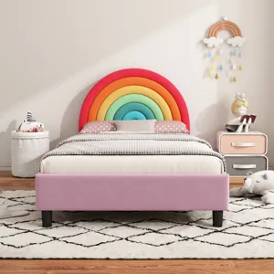 Rainbow Design Upholstered Twin Platform Bed Cute Style Princess Bed For Boys & Girls, Teens - Color