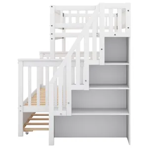 Twin Over Full Bunk Bed With Trundle And Staircase - White