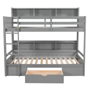 Twin Size Bunk Bed With Built-In Shelves Beside Both Upper And Down Bed And Storage Drawer - Gray