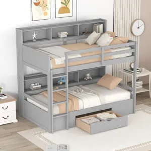 Twin Size Bunk Bed With Built-In Shelves Beside Both Upper And Down Bed And Storage Drawer - Gray