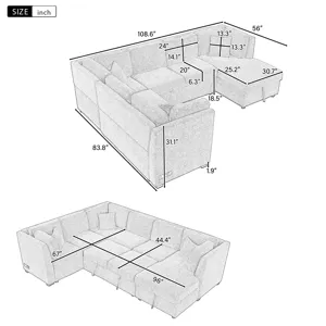 U-Shaped Sectional Sofa Pull Out Sofa Bed With Two USB Ports, Two Power Sockets, Three Back Pillows 