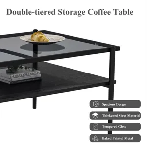 Rectangle Coffee Table With Tempered Glass Top, Modern Table For Living Room - Gray / Black