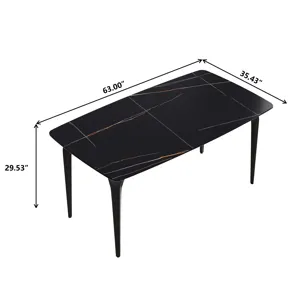 63\" Artificial Stone Black Curved Black Metal Leg Dining Table, 6 People - Black