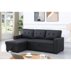 Upholstered Pull Out Sectional Sofa With Chaise - Black
