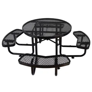 Round Outdoor Steel Picnic Table, With Umbrella Pole - Black