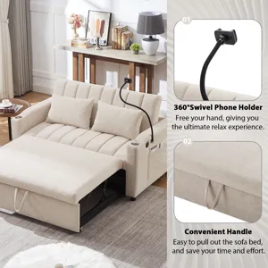 Convertible Sofa Bed Loveseat Sofa With Three USB Ports, Two Side Pockets, Two Cup Holders And 360° 