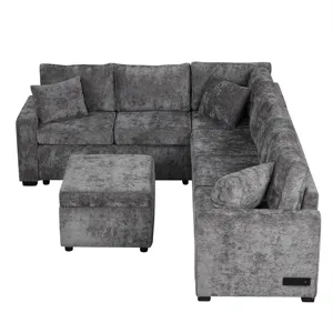 Sectional Sofa Pull-Out Sofa Bed Sleeper With A Storage Ottoman, Three Pillows And Charging Devices 