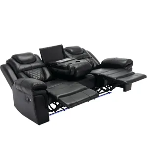 Home Theater Seating Manual Recliner Chair With Center Console And Led Light Strip For Living Room -