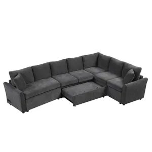 L-Shaped Sofa Convertible Sofa Bed Pull Out Sofa Sleeper With Two Back Pillows, Two USB Ports And Tw