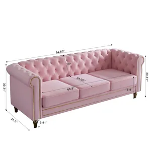 Chesterfield - Velvet Sofa 84.65\" For Living Room - Pink