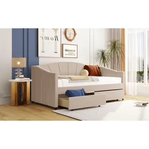 Twin Size Upholstered Daybed With Two Drawers And Wood Slat - Beige
