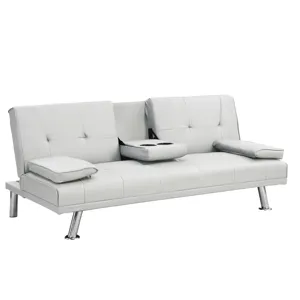 Futon Sofa Bed With Armrest Two Holders - White