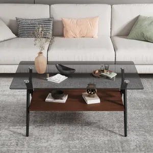 Rectangle Coffee Table With Tempered Glass Top And Brown MDF Shelf, Modern Table For Living Room - G