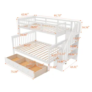 Twin Over Full Stairway Bunk Bed With Drawer, Storage And Guard Rail For Bedroom, Dorm, For Adults -