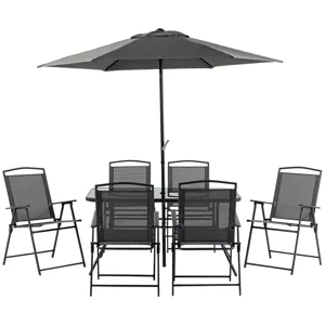 Outsunny - 8 Piece Patio Dining Set With Table Umbrella, 6 Folding Chairs And Rectangle Dining Table