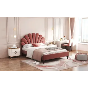 Full Size Upholstered Platform Bed With Flower Pattern Velvet Headboard - Bean Paste Red