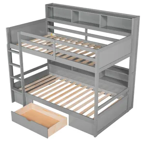 Twin Size Bunk Bed With Built-In Shelves Beside Both Upper And Down Bed And Storage Drawer - Gray