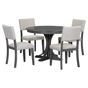 5 Piece Retro Round Dining Table Set With Curved Trestle Style Table Legs And 4 Upholstered Chairs F