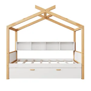 Twin Size Wooden House Bed With Original Wood Colored Frame Twin Size Trundle And Bookshelf Storage 