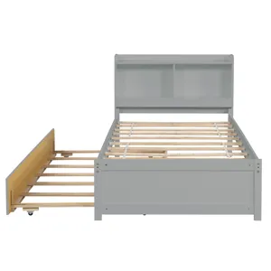 Twin Bed With Trundle, Bookcase - Gray