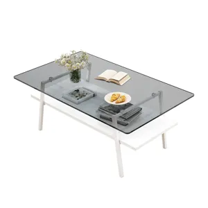 Rectangle Coffee Table, Tempered Glass Tabletop With White Metal Legs, Modern Table For Living Room 