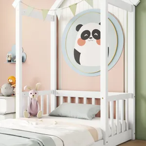 Twin House-Shaped Roof Headboard Floor Bed, (Without Slats) - White