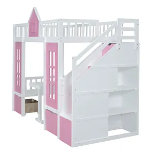 Twin Over Twin Bunk Bed With Changeable Table, Bunk Bed Turn Into Upper Bed And Down Desk - Pink