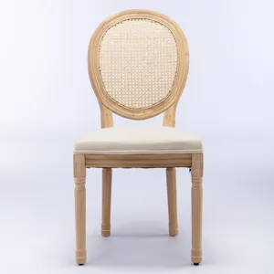 French Style Solid Wood Frame Antique Painting Linen Fabric Rattan Back Dining Chair (Set of 2) - Cr