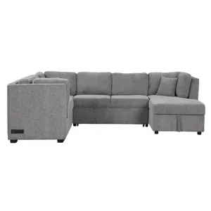 U-Shaped Sectional Sofa Pull Out Sofa Bed With Two USB Ports, Two Power Sockets, Three Back Pillows 