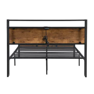 Full Size Metal Platform Bed Frame With Wooden Headboard And Footboard With USB Liner, No Box Spring