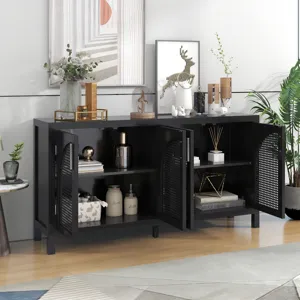Large Storage Space Sideboard With Artificial Rattan Door And Metal Handles For Living Room And Entr