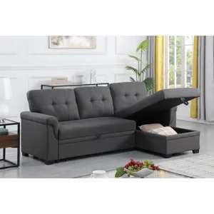 Lucca - Linen Reversible Sleeper Sectional Sofa With Storage Chaise - Dark Gray
