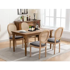 French Style Solid Wood Frame Antique Painting Linen Fabric Rattan Back Dining Chair (Set of 2) - Gr
