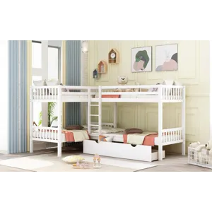 Twin L Shaped Bunk Bed With Drawers - Gray