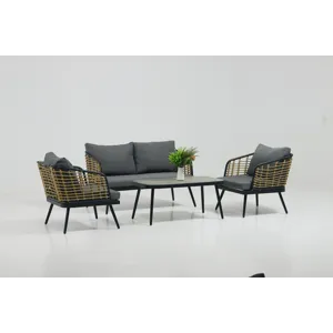 4 Pieces Patio Furniture Set, PE Rattan Wicker With Washable Cushion And Tempered Glass Tabletop, Co