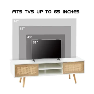 55.12\" Rattan TV Cabinet, Double Sliding Doors For Storage, Adjustable Shelf, Solid Wood Legs, TV C