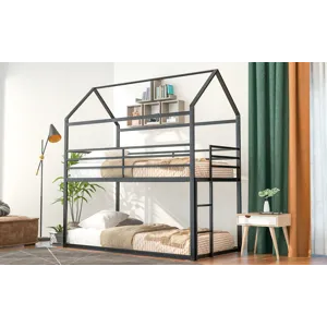Bunk Beds For Kids Twin Over Twin, House Bunk Bed Metal Bed Frame Built-In Ladder, No Box Spring Nee