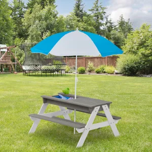 3-In-1 Kids Outdoor Wooden Picnic Table With Umbrella, Convertible Sand & Water, ASTM & CPSIA Certif