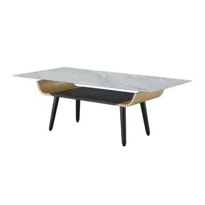 Landon - Coffee Table With Glass Marble Texture Top And Bent Wood Design - Gray