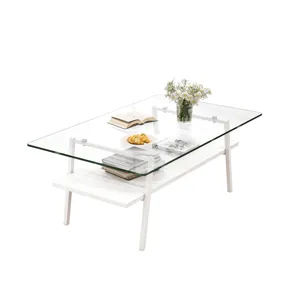 Rectangle Coffee Table, Tempered Glass Tabletop With Metal Legs, Modern Table For Living Room - Tran