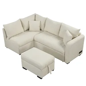 L-Shaped Sectional Pull Out Sofa Bed Sleeper Sofa With Two USB Ports, Two Power Sockets And A Movabl