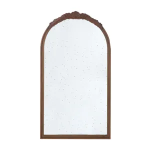 Elos Hand Carved Rose Antique Mirror Frame, Wood Arch Mirror Wall Decor For Living Room, Bathroom, E