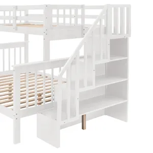Twin Over Full Stairway Bunk Bed With Drawer, Storage And Guard Rail For Bedroom, Dorm, For Adults -