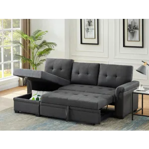 Hunter - Linen Reversible Sleeper Sectional Sofa With Storage Chaise - Dark Gray